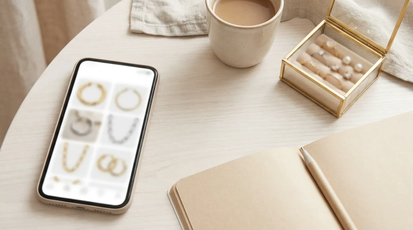 A phone showing a jewelry shop beside a notebook, coffee and a small jewelry box on a home table