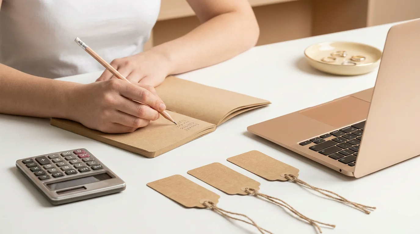 A seller working out prices in a notebook beside blank price tags and a calculator