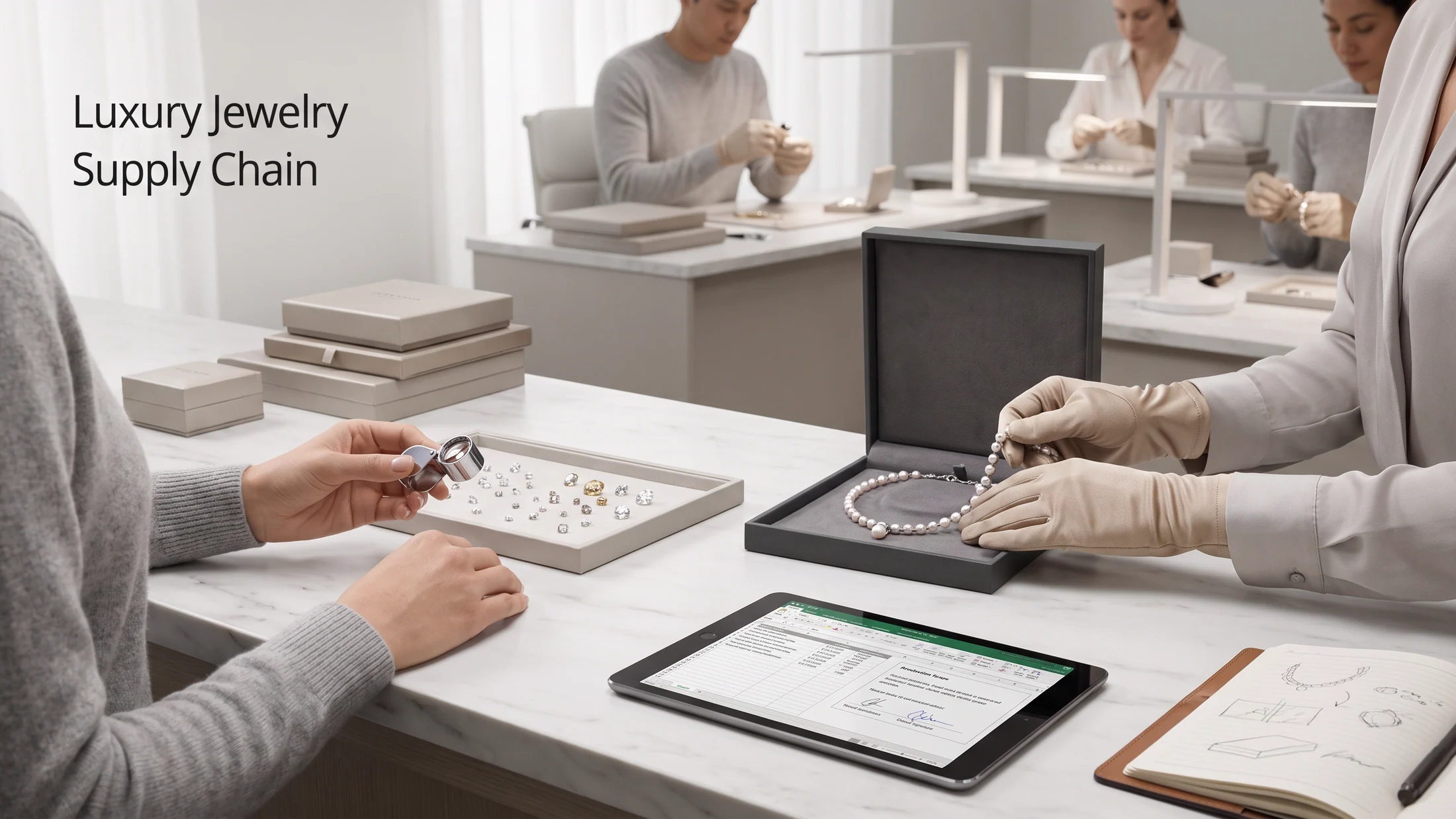Jewelry supply chain workspace supporting quality review and white-label fulfillment