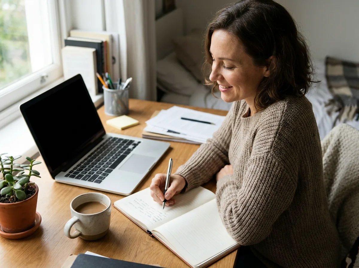 A new seller making notes at a home desk beside a laptop