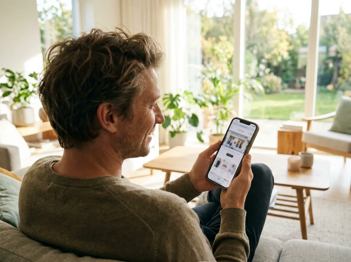 A person browsing an online storefront on a phone at home