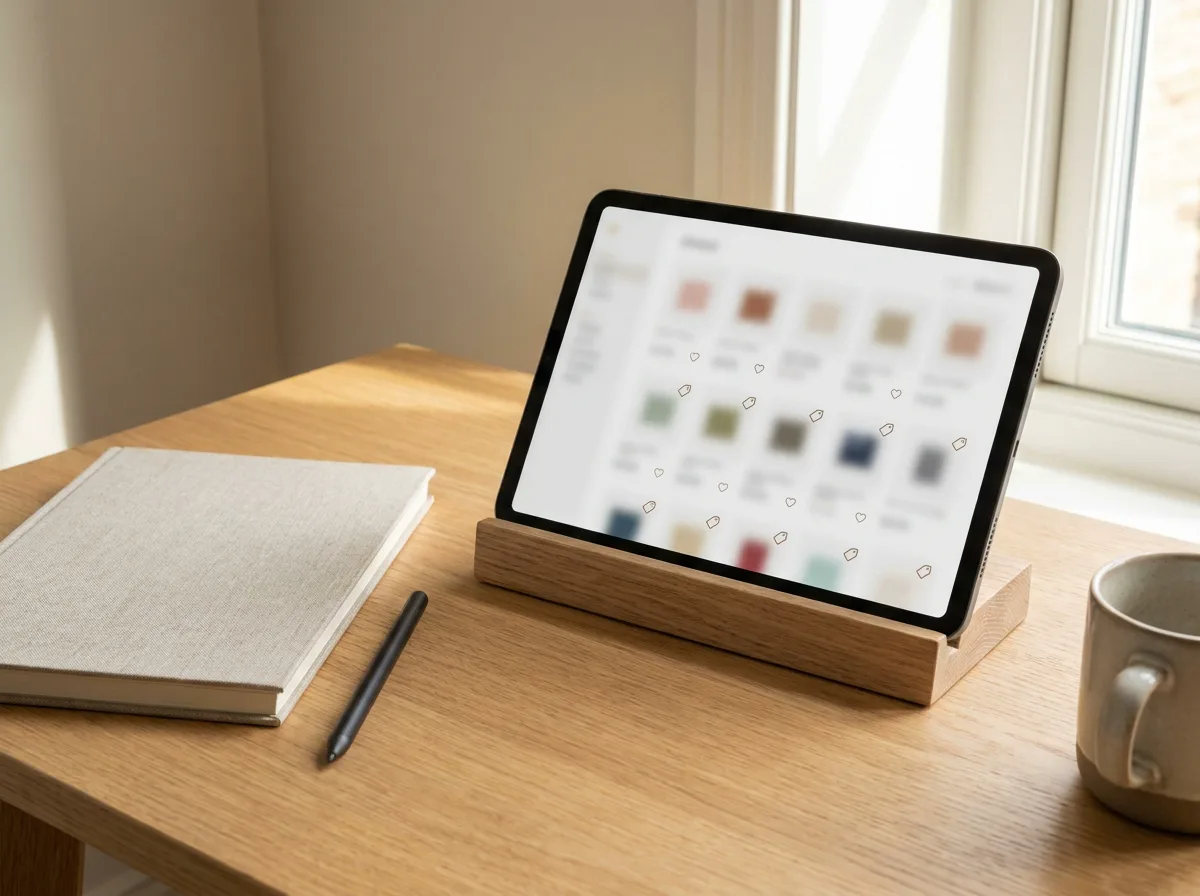 A tablet showing an online storefront product grid on a desk